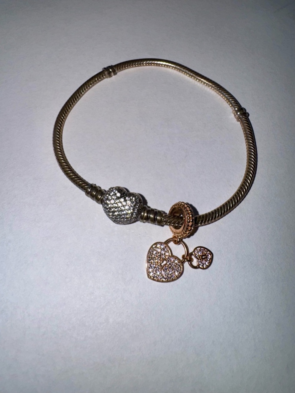 Pandora Heart Snake Chain Bracelet with Rose Gold Heart Charm, length 19cm